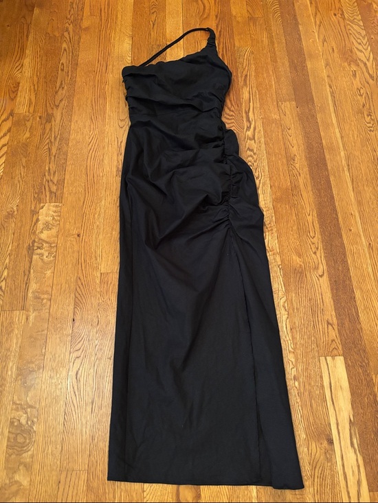 Zara Dresses & Skirts - Zara draped ruched linen blend one shoulder front slit black midi dress sz.S